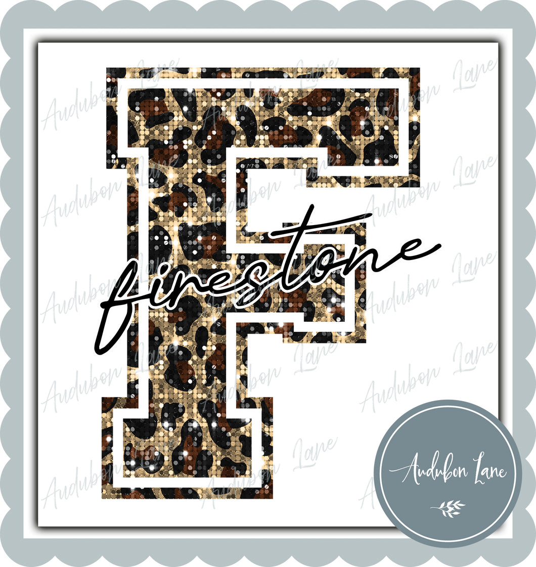Firestone Sequin Leopard Mascot Letter Ready to Press DTF Transfer Customs Available On Request