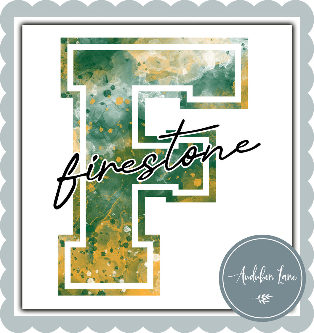 Firestone Dk Green and Yellow Gold Watercolor Team Mascot Letter