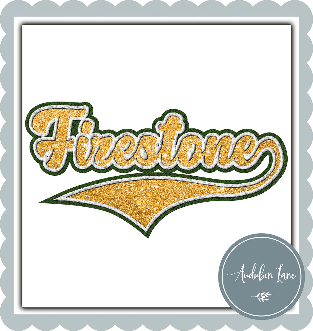 Firestone Faux Gold Glitter and White and Dark Green Embroidery