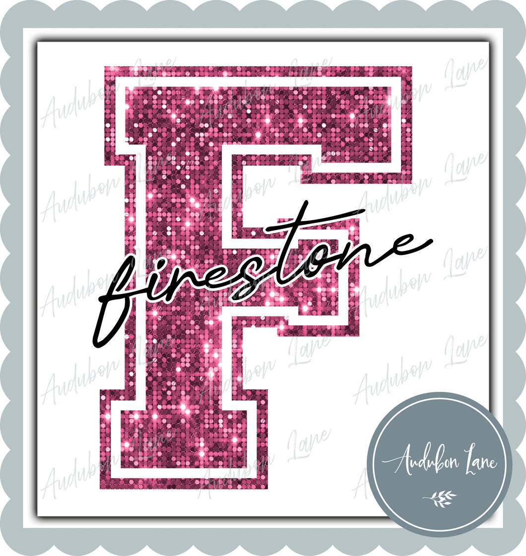 Firestone Breast Cancer Awareness Faux Pink Sequin Mascot Letter Ready to Press DTF Transfer Customs Available On Request