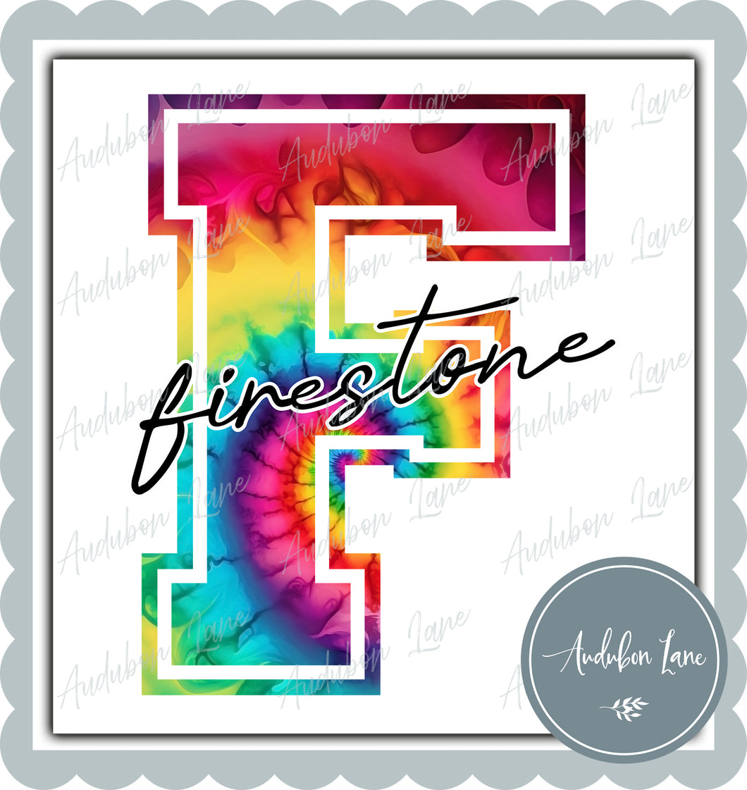 Firestone Rainbow Tie Dye Mascot Letter Ready to Press DTF Transfer Customs Available On Request