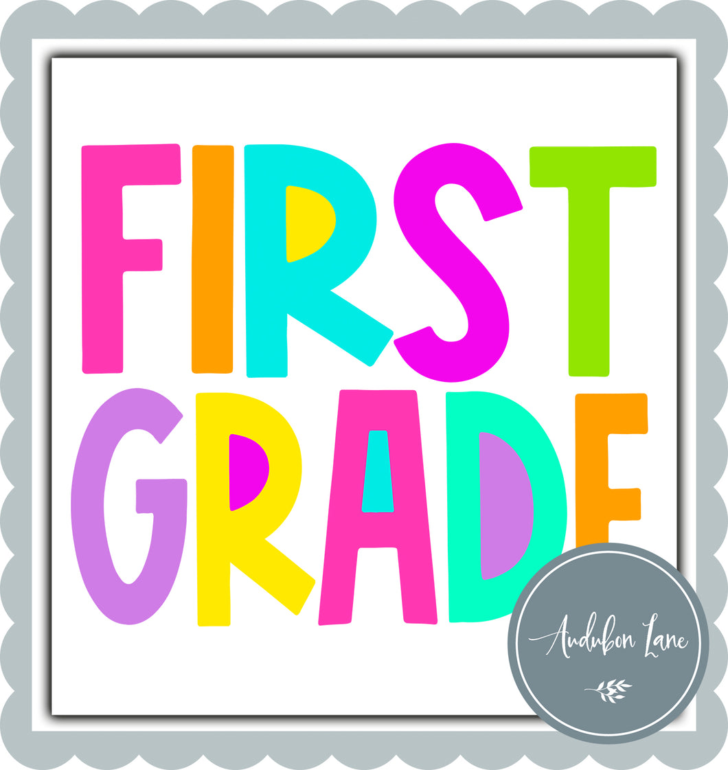 First Grade Bright Block Letters Ready to Press DTF Transfer Custom Names Available On Request