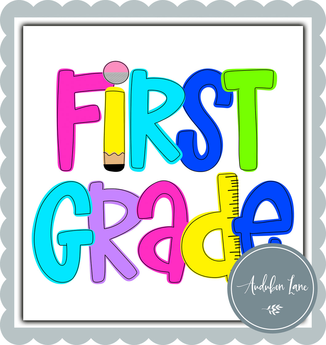 First Grade Bright School Shape Letters Ready to Press DTF Transfer Custom Names Available On Request