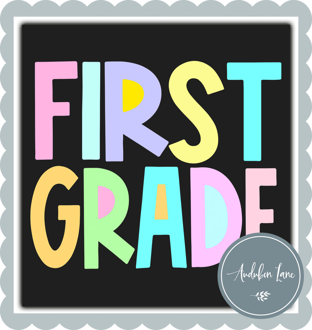 First Grade Pastel Block Letters Ready to Press DTF Transfer Custom Names Available On Request