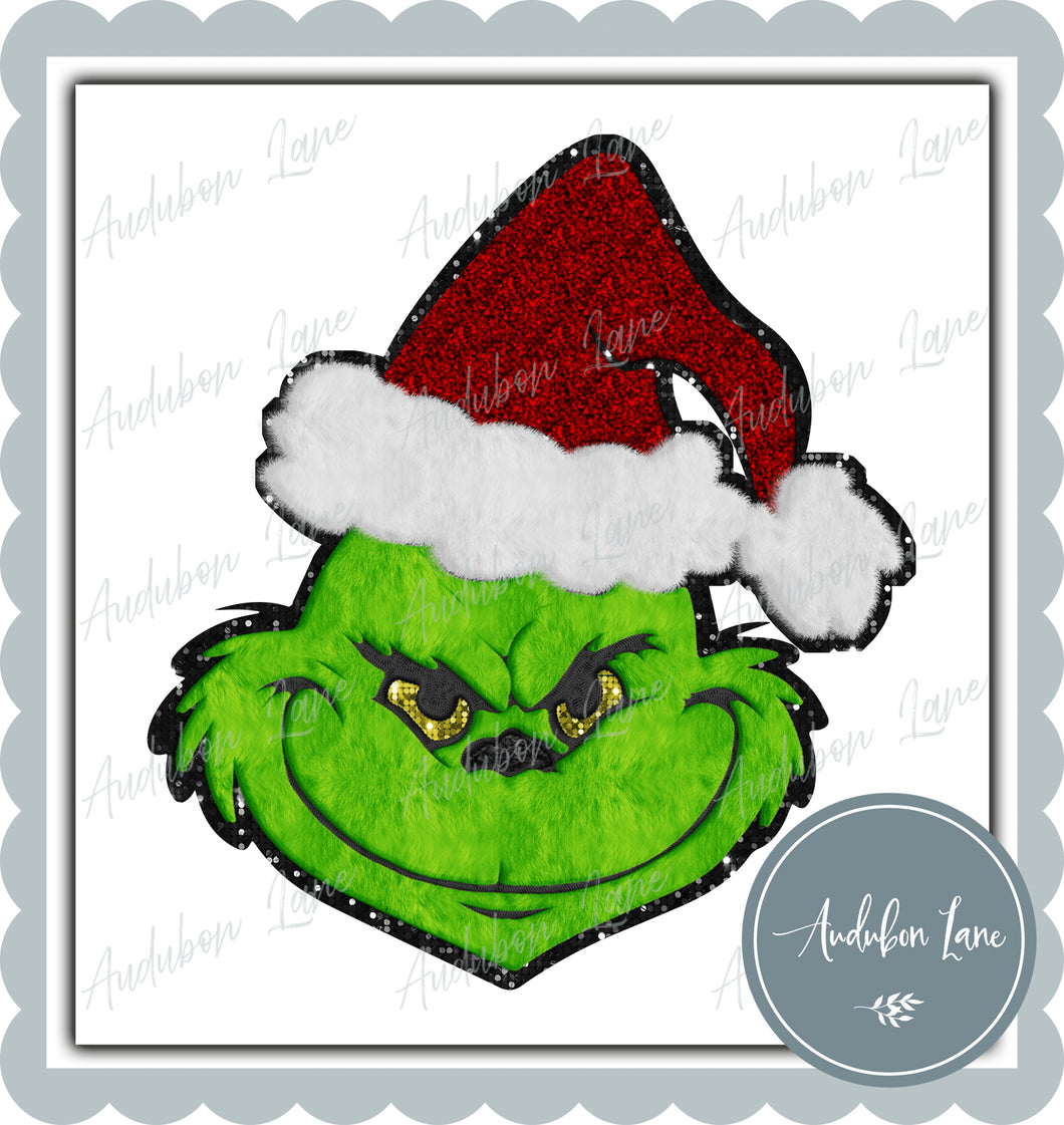 Green Dude In Santa Hat Faux Fur and Faux Sequin and Faux Chenille Print Ready To Press DTF Transfer