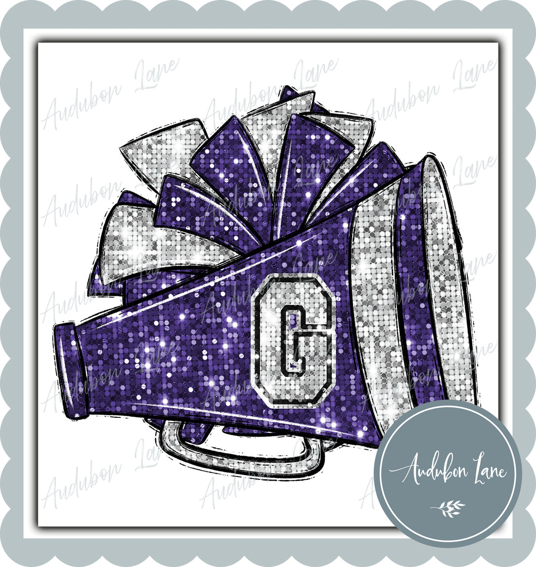 G Purple and White Faux Sequin Megaphone and Pom with Mascot Print Ready To Press DTF Transfer Custom Colors Available On Request