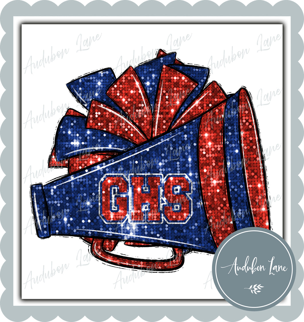 GHS Royal and Red Faux Sequin Megaphone and Pom with Mascot Print Ready To Press DTF Transfer Custom Colors Available On Request