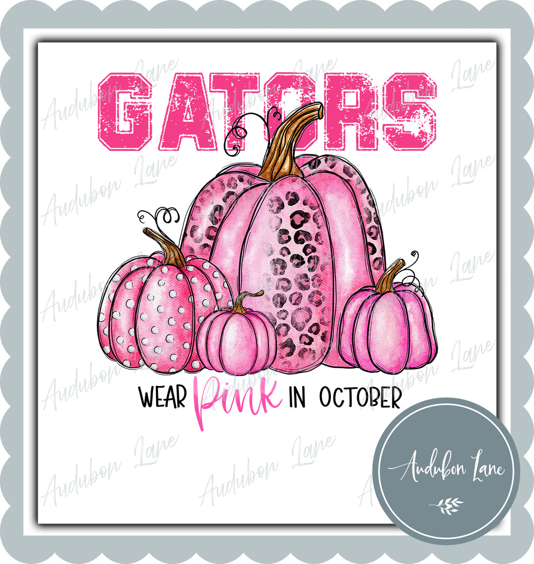 Gators Breast Cancer Awareness Mascot We Wear Pink In October Pumpkins Letter Ready to Press DTF Transfer Custom Requests Available for Mascot