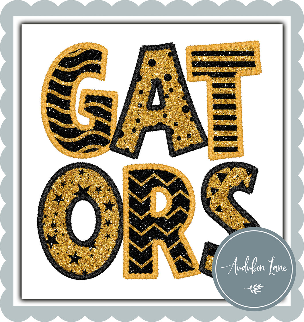 Gators Stacked Faux Glitter and Embroidery Black and Yellow Gold