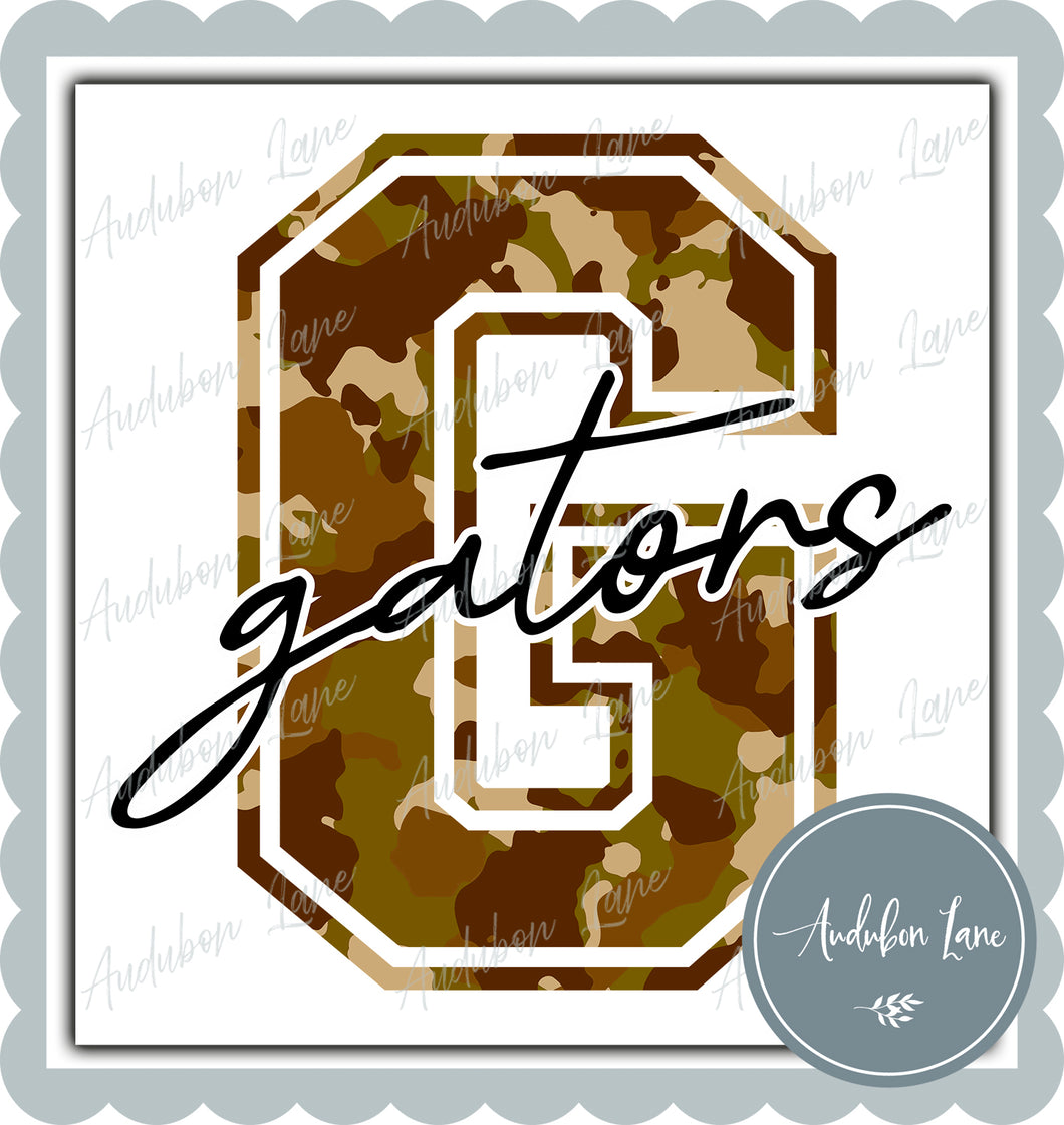 Gators Old School Camo Mascot Letter Ready to Press DTF Transfer Customs Available On Request