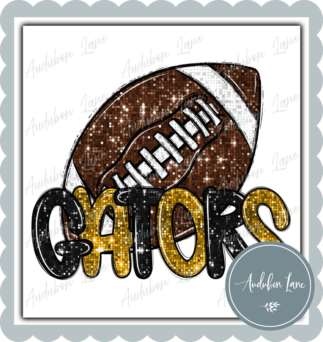 Gators Black and Gold Faux Sequin Football with Mascot Print Ready To Press DTF Transfer Custom Colors Available On Request
