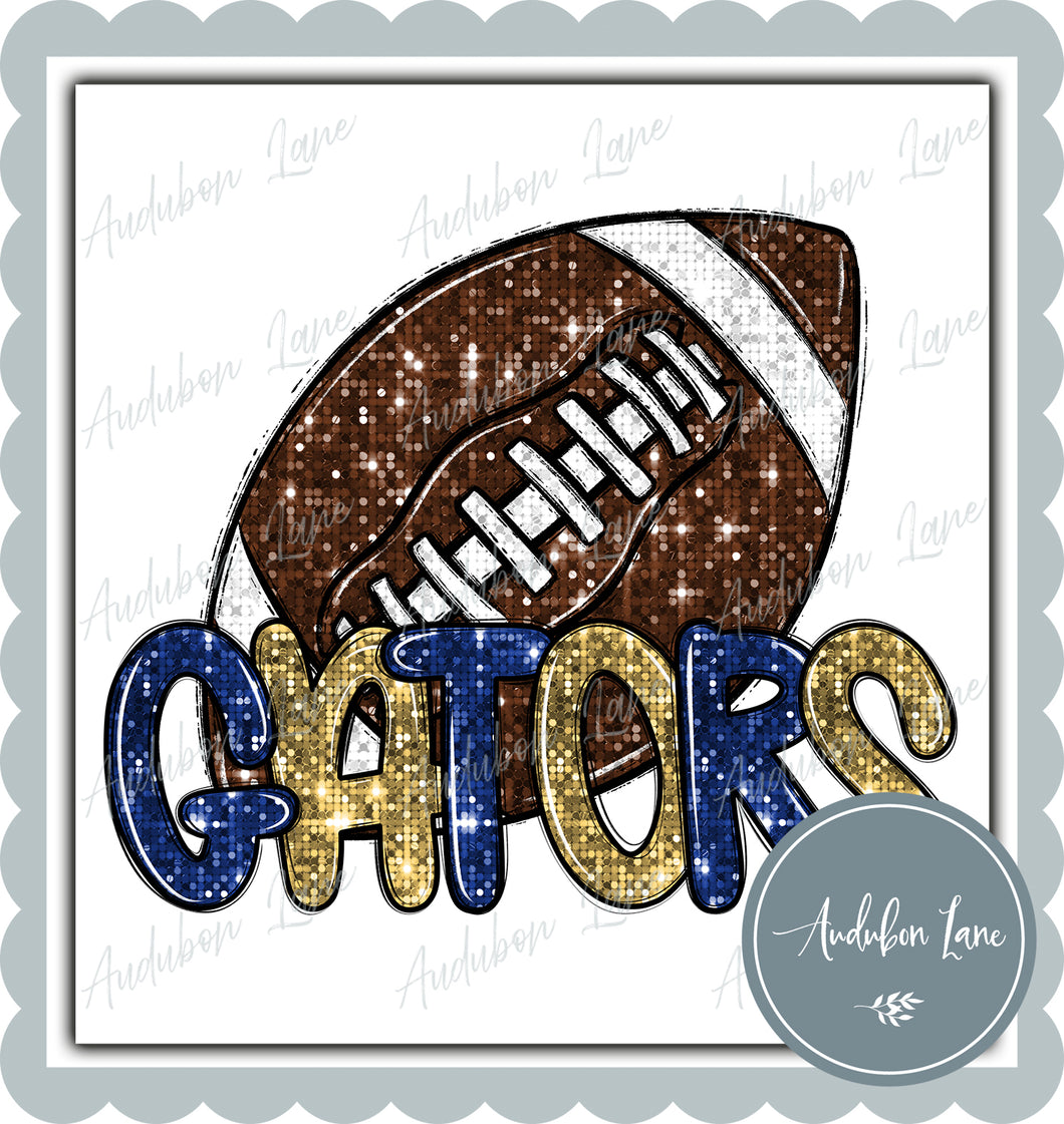 Gators Royal and Gold Faux Sequin Football with Mascot Print Ready To Press DTF Transfer Custom Colors Available On Request