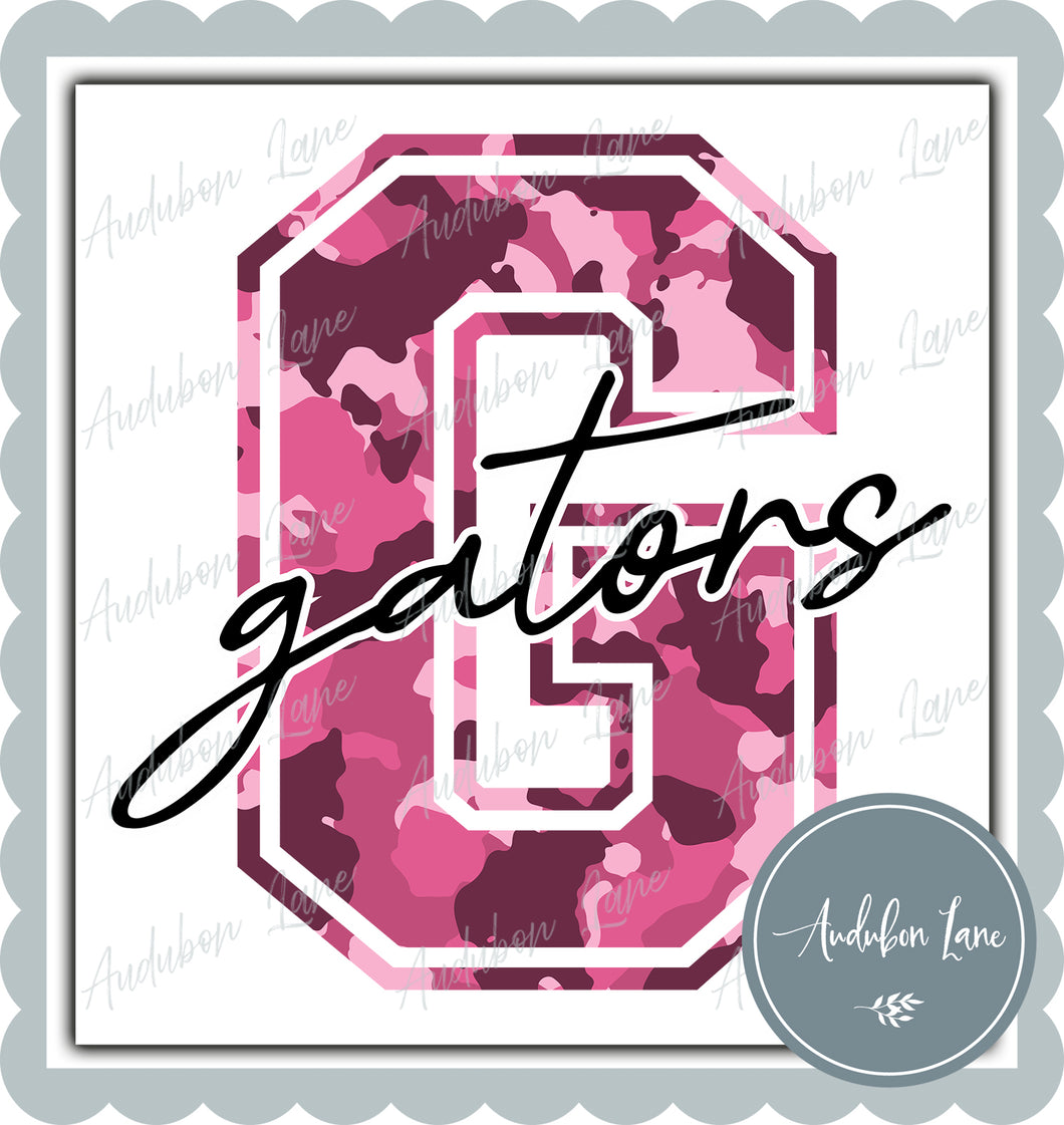 Gators Breast Cancer Awareness Pink Camo Mascot Letter Ready to Press DTF Transfer Customs Available On Request