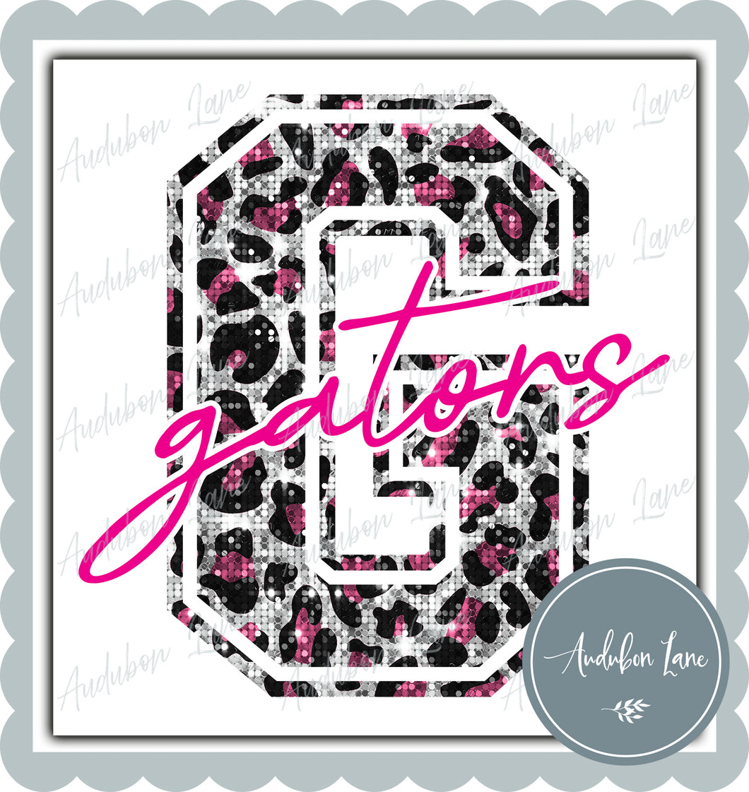 Gators Pink Sequin Leopard Mascot Letter Ready to Press DTF Transfer Customs Available On Request