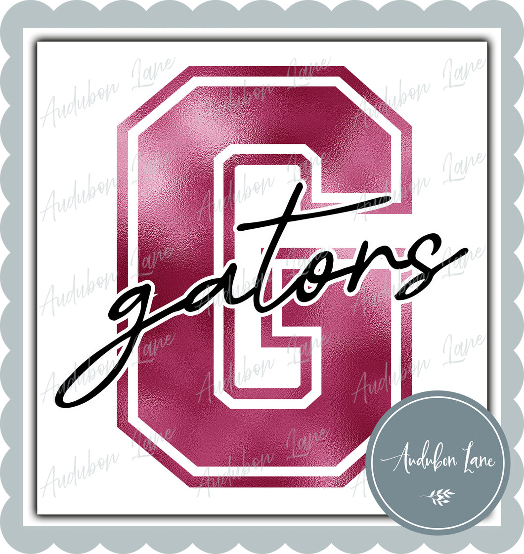 Gators Breast Cancer Awareness Faux Metallic Pink Foil Mascot Letter Ready to Press DTF Transfer Customs Available On Request