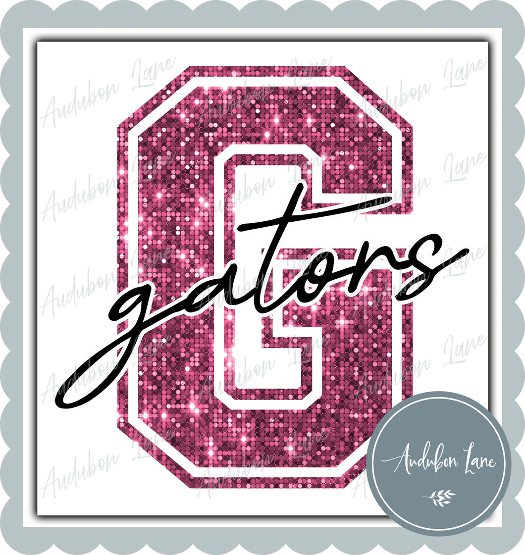 Gators Breast Cancer Awareness Faux Pink Sequin Mascot Letter Ready to Press DTF Transfer Customs Available On Request