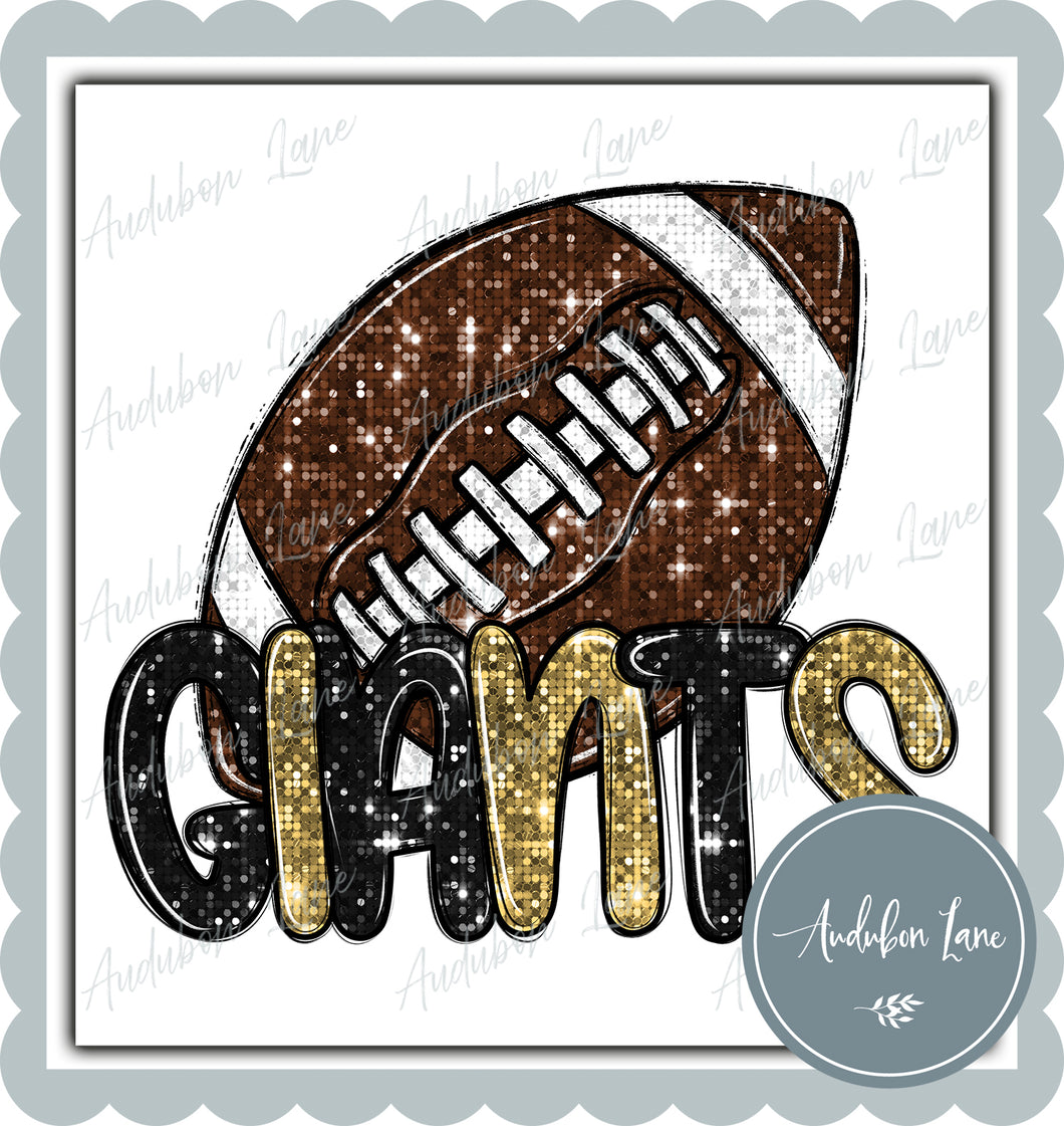 Giants Black and Vegas Gold Faux Sequin Football with Mascot Print Ready To Press DTF Transfer Custom Colors Available On Request