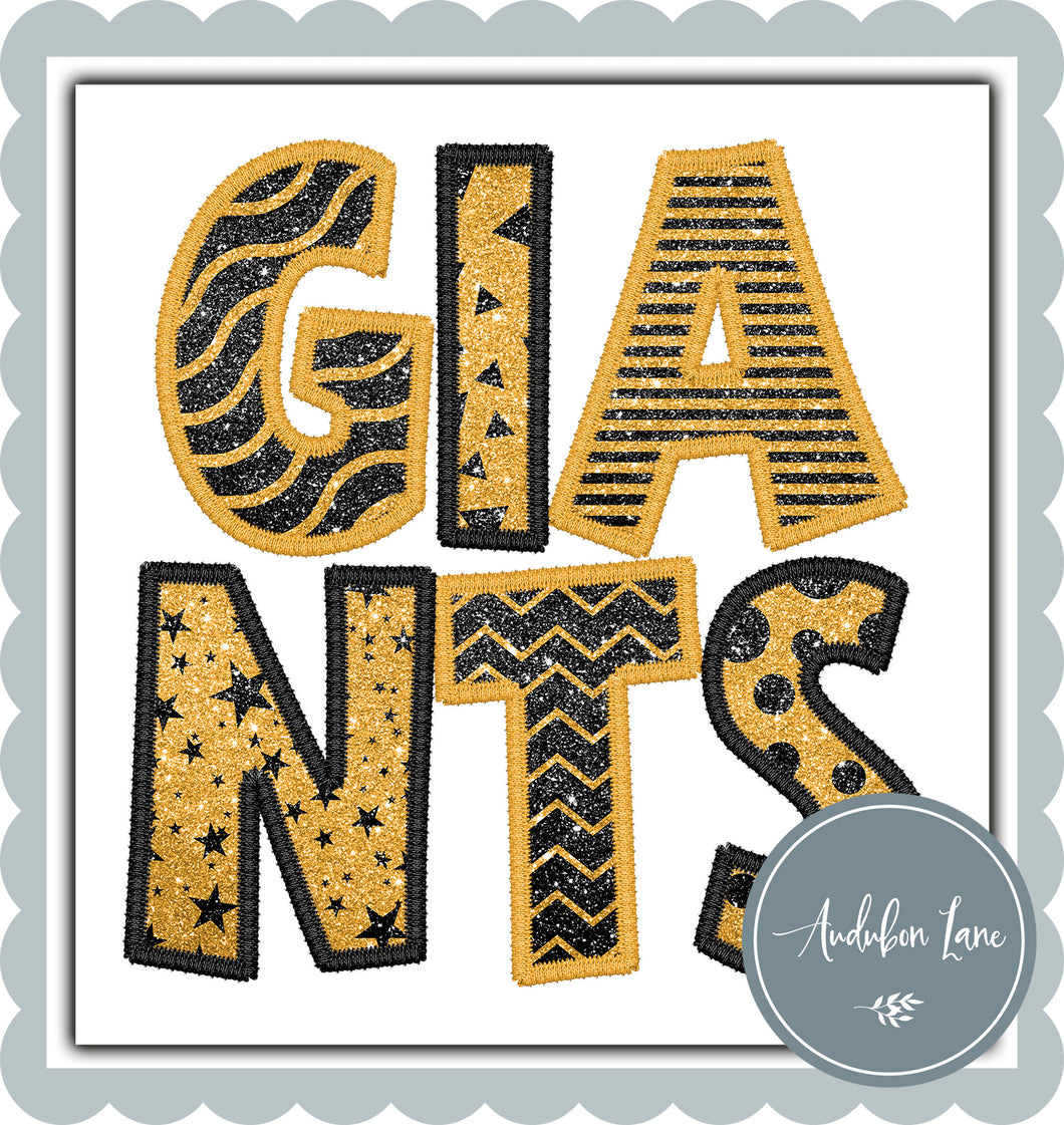 Giants Stacked Faux Glitter and Embroidery Black and Gold