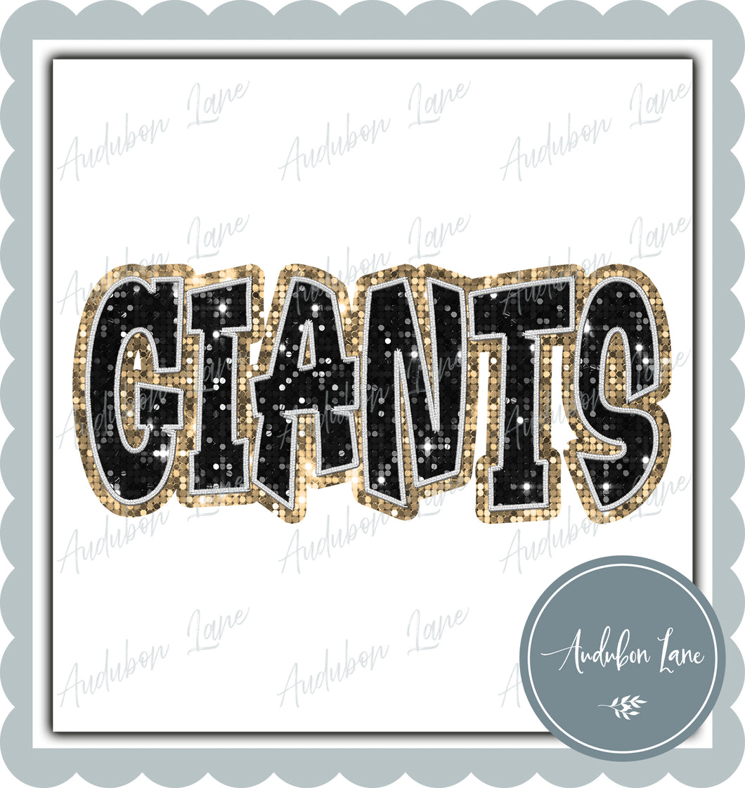 Giants Graffiti Style Sequin Black and Vegas Gold Mascot Ready to Press DTF Transfer Customs Available On Request