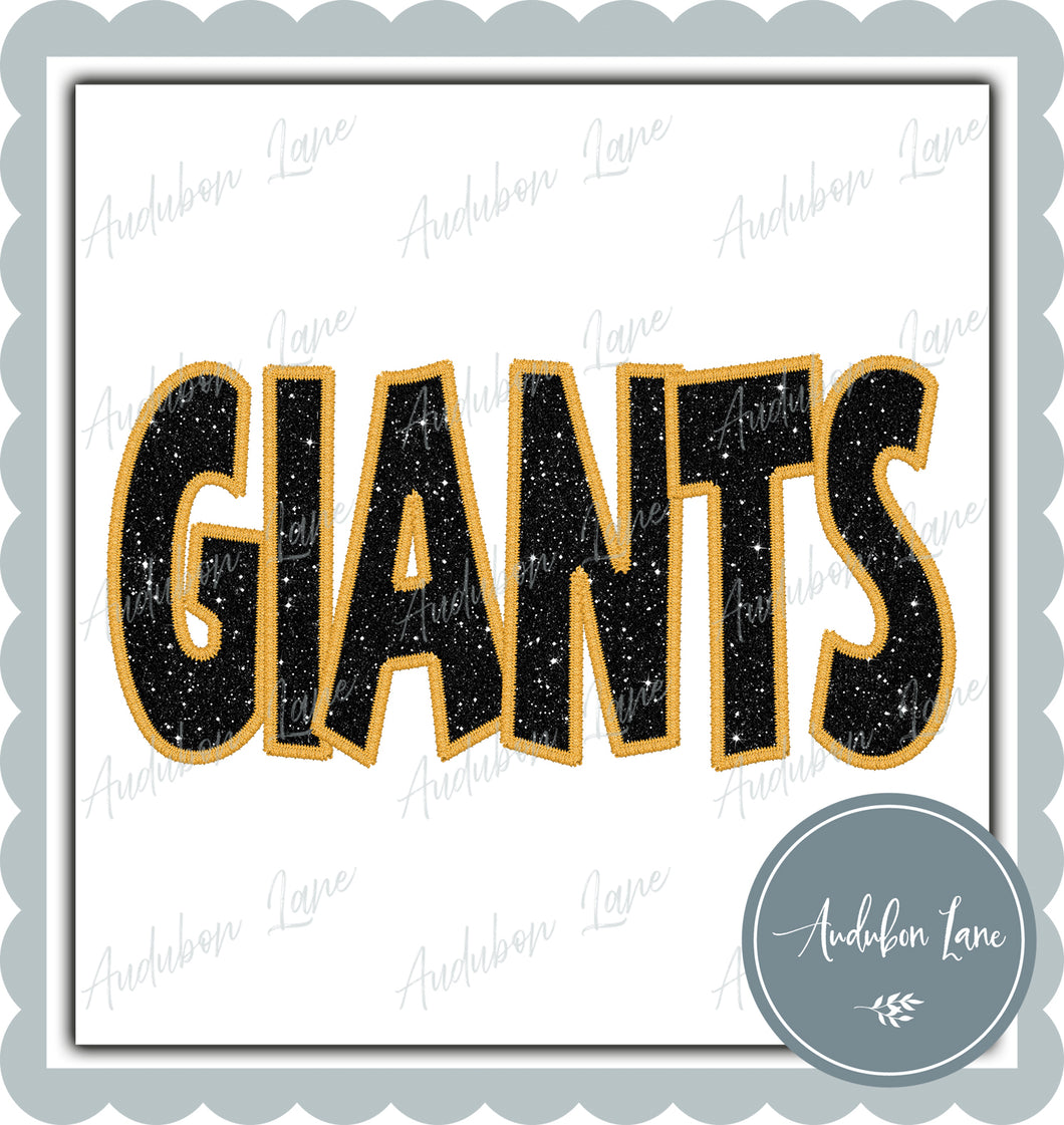 Giants Straight Across Faux Charcoal Glitter and Yellow Gold Embroidery Ready To Press DTF Transfer Custom Colors Available On Request