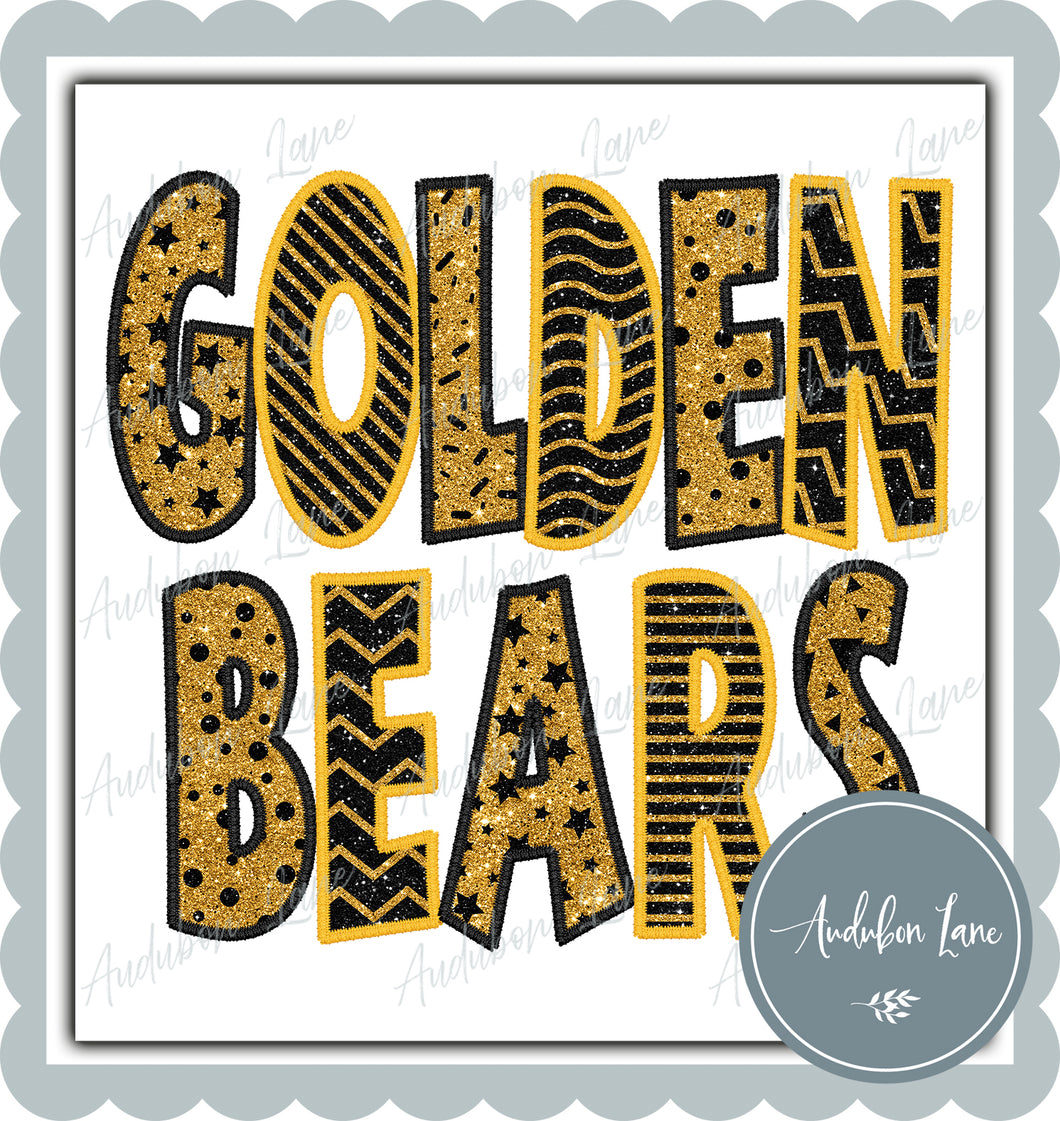 Golden Bears Stacked Faux Glitter and Embroidery Yellow Gold and Black Shapes Ready To Press DTF Transfer Custom Colors Available On Request