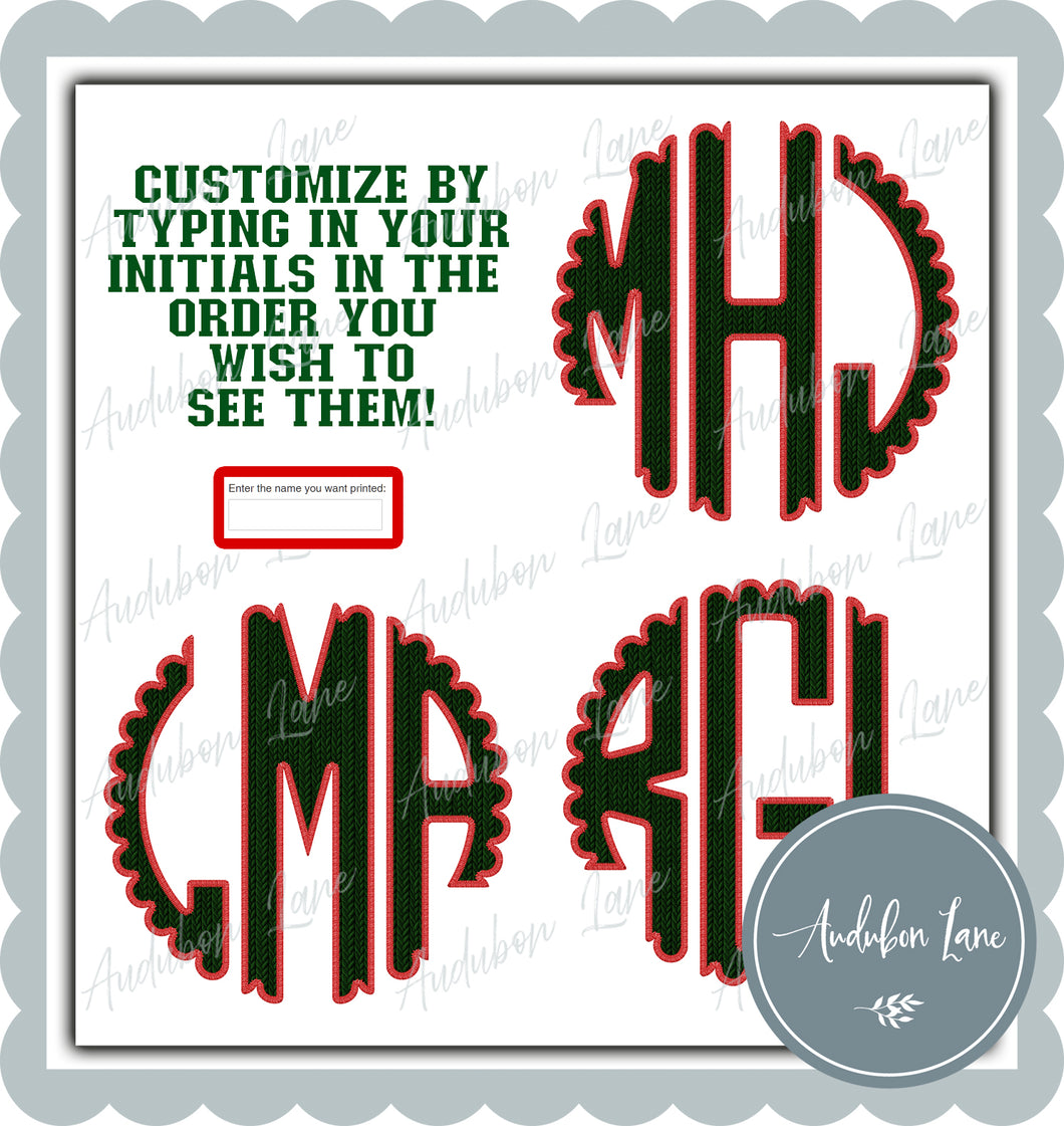 Customized Green Faux Knit And Red Embroidery Scalloped Initials Print Ready To Press DTF Transfer Customs Available