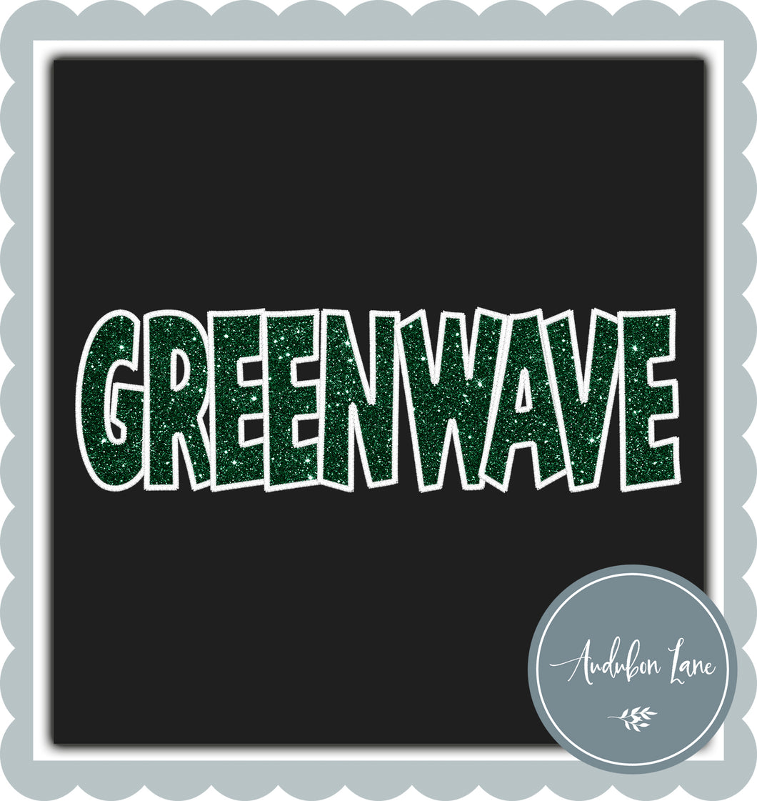 Greenwave Straight Across Faux Emerald Glitter and White Embroidery Ready To Press DTF Transfer