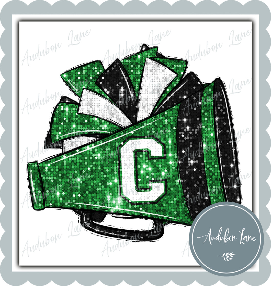 C Green and White Faux Sequin Megaphone and Pom with Mascot Print Ready To Press DTF Transfer Custom Colors Available On Request