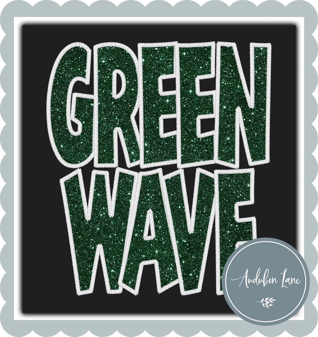 Greenwave Stacked Faux Glitter and Embroidery Emerald and White Ready To Press DTF Transfer