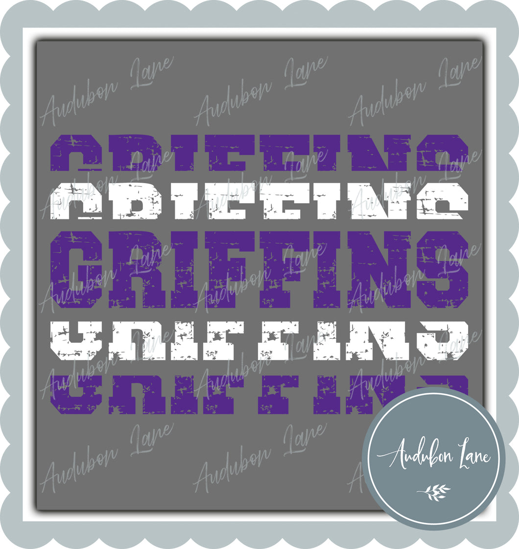 Griffins Stacked Pro Distressed Two Color Purple and White Ready To Press DTF Transfer Custom Colors Available On Request