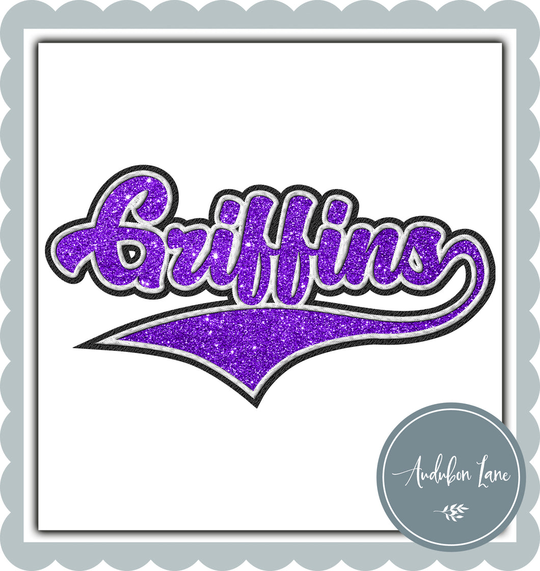 Griffins Faux Purple and White Embroidery and Faux Purple Glitter