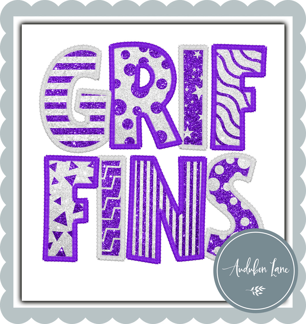 Griffins stacked Faux Purple and White Embroidery and Glitter