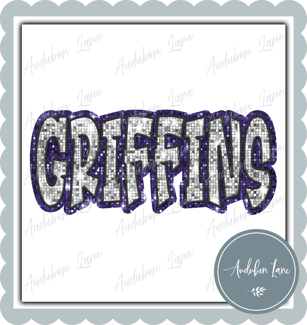 Griffins Graffiti Style Sequin White and Purple Mascot Ready to Press DTF Transfer Customs Available On Request