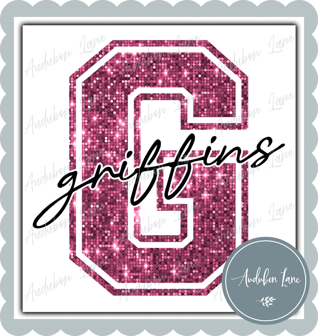 Griffins Breast Cancer Awareness Faux Pink Sequin Mascot Letter Ready to Press DTF Transfer Customs Available On Request