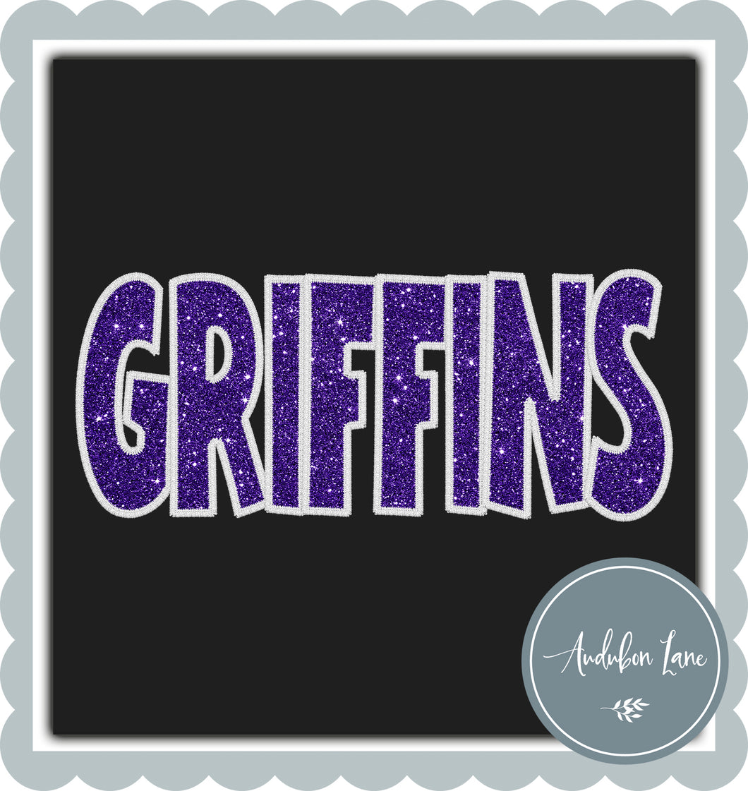 Griffins Straight Across Faux Purple Glitter and White Embroidery Ready To Press DTF Transfer