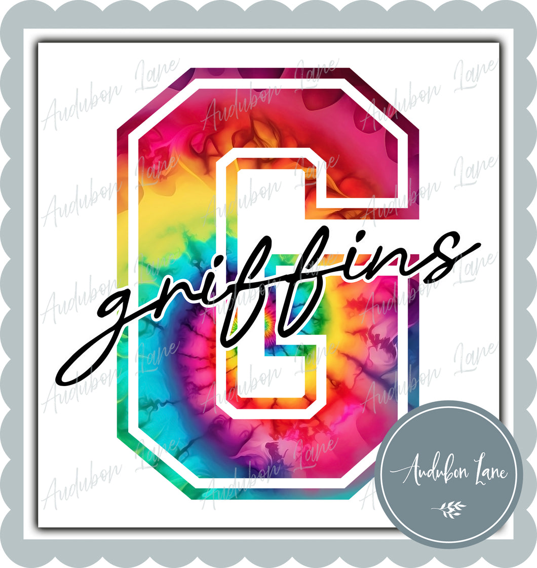 Griffins Rainbow Tie Dye Mascot Letter Ready to Press DTF Transfer Customs Available On Request
