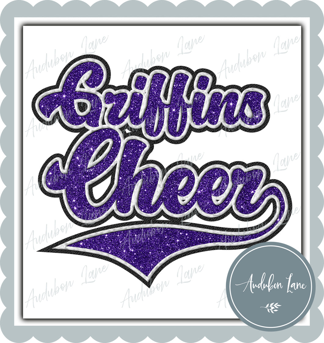 Griffins Cheer Faux Embroidery Patch Faux Puple Glitter and White and Black Ready To Press DTF Transfer Custom Colors Available On Request