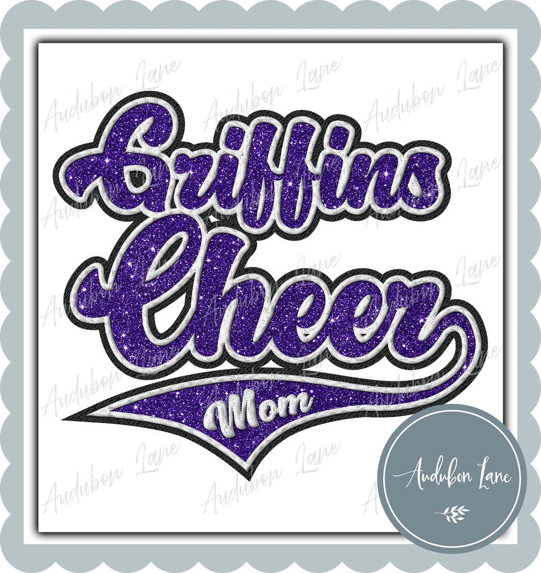 Griffins Cheer Mom Faux Embroidery Patch Faux Puple Glitter and White and Black Ready To Press DTF Transfer Custom Colors Available On Request