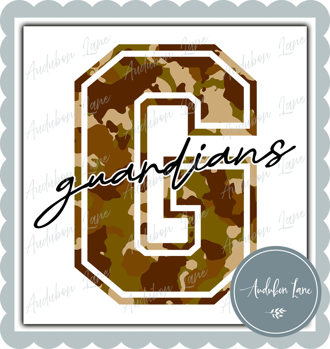 Guardians Old School Camo Mascot Letter Ready to Press DTF Transfer Customs Available On Request