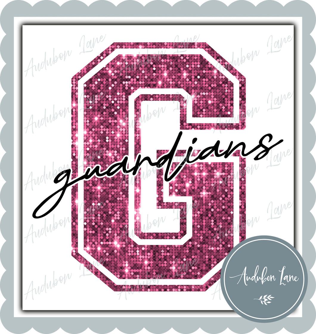 Guardians Breast Cancer Awareness Faux Pink Sequin Mascot Letter Ready to Press DTF Transfer Customs Available On Request