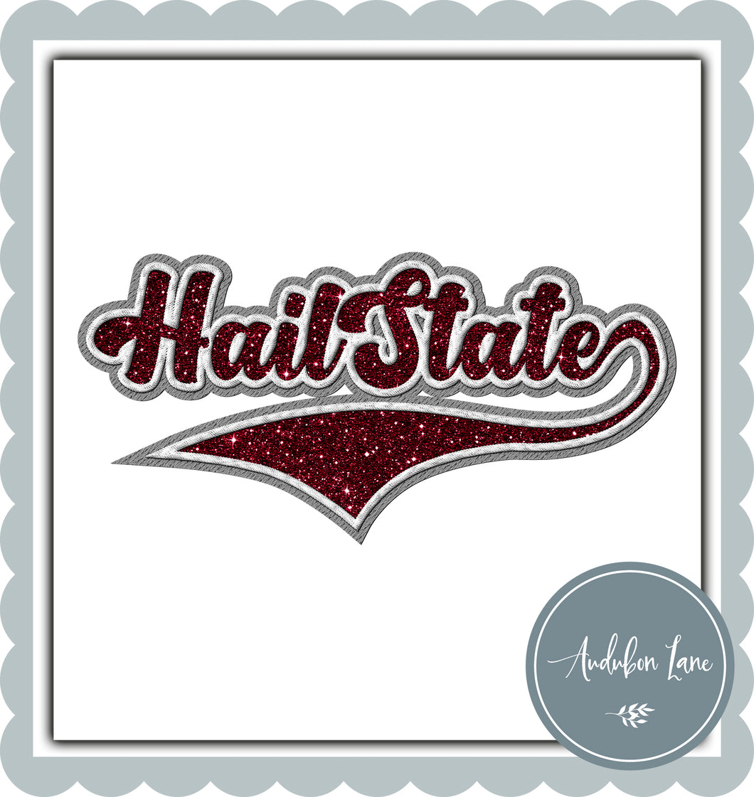 Hail State Faux Maroon Glitter and White and Lt Grey Embroidery