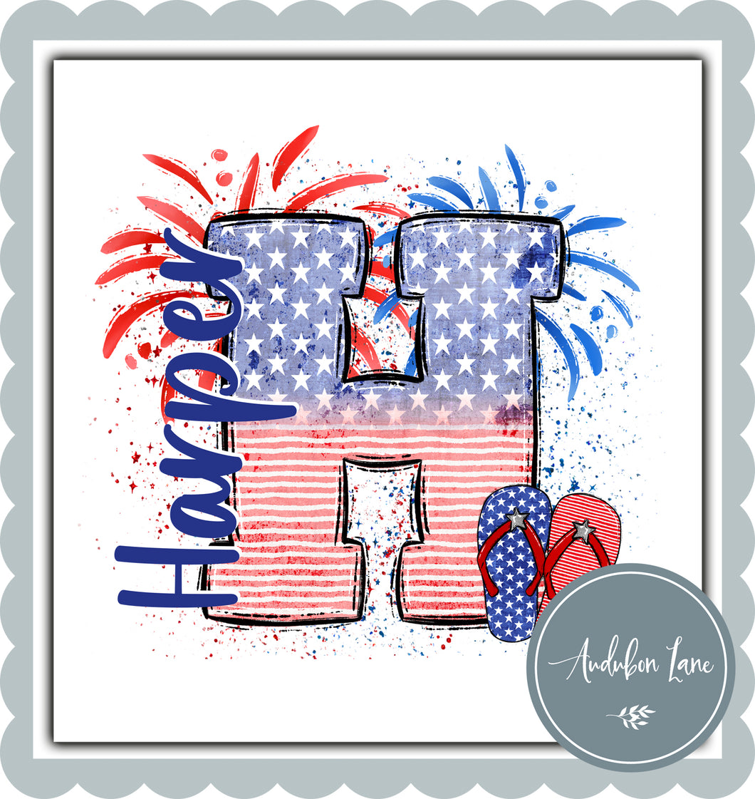 Personalized American Flag Doodle Letter With Name And Flipflops