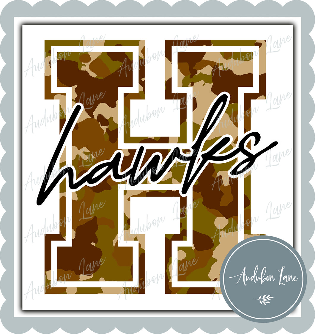 Hawks Old School Camo Mascot Letter Ready to Press DTF Transfer Customs Available On Request