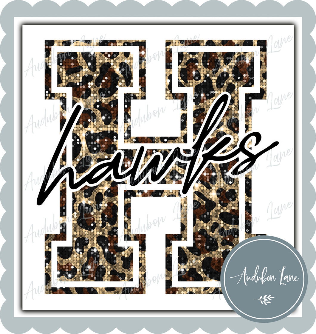 Hawks Sequin Leopard Mascot Letter Ready to Press DTF Transfer Customs Available On Request