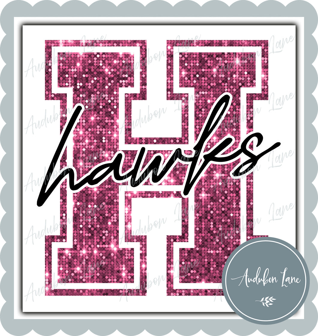 Hawks Breast Cancer Awareness Faux Pink Sequin Mascot Letter Ready to Press DTF Transfer Customs Available On Request