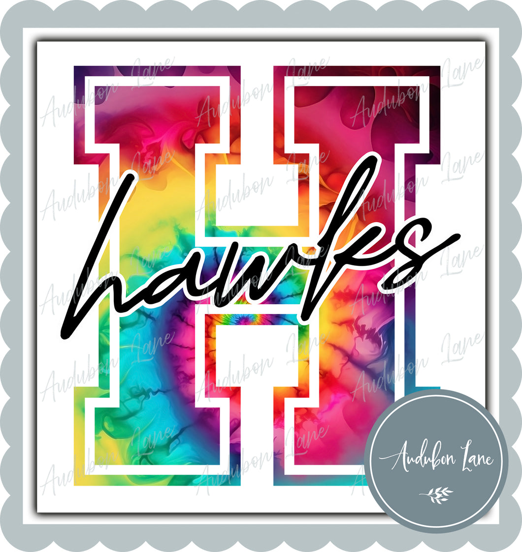 Hawks Rainbow Tie Dye Mascot Letter Ready to Press DTF Transfer Customs Available On Request
