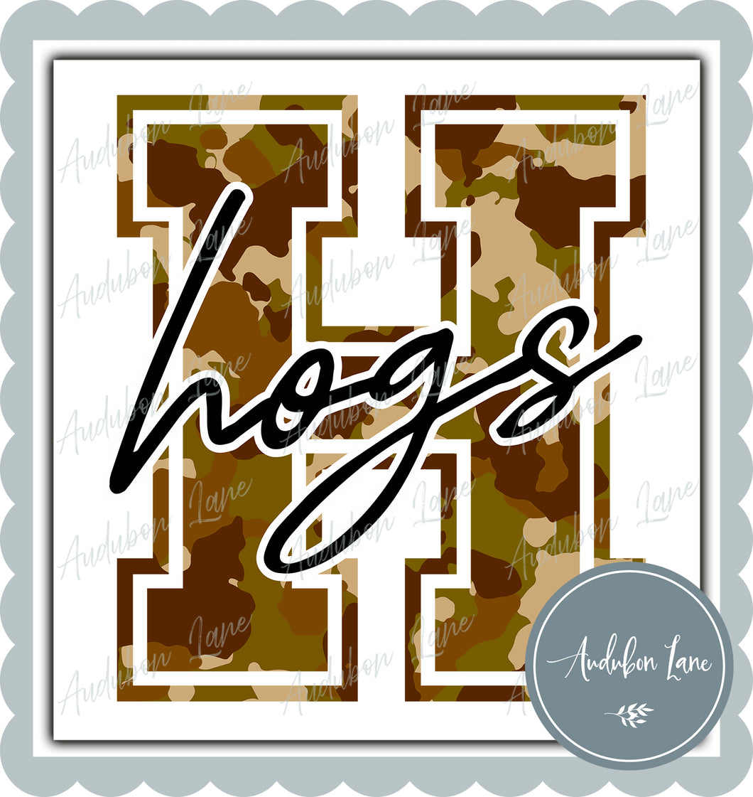 Hogs Old School Camo Mascot Letter Ready to Press DTF Transfer Customs Available On Request
