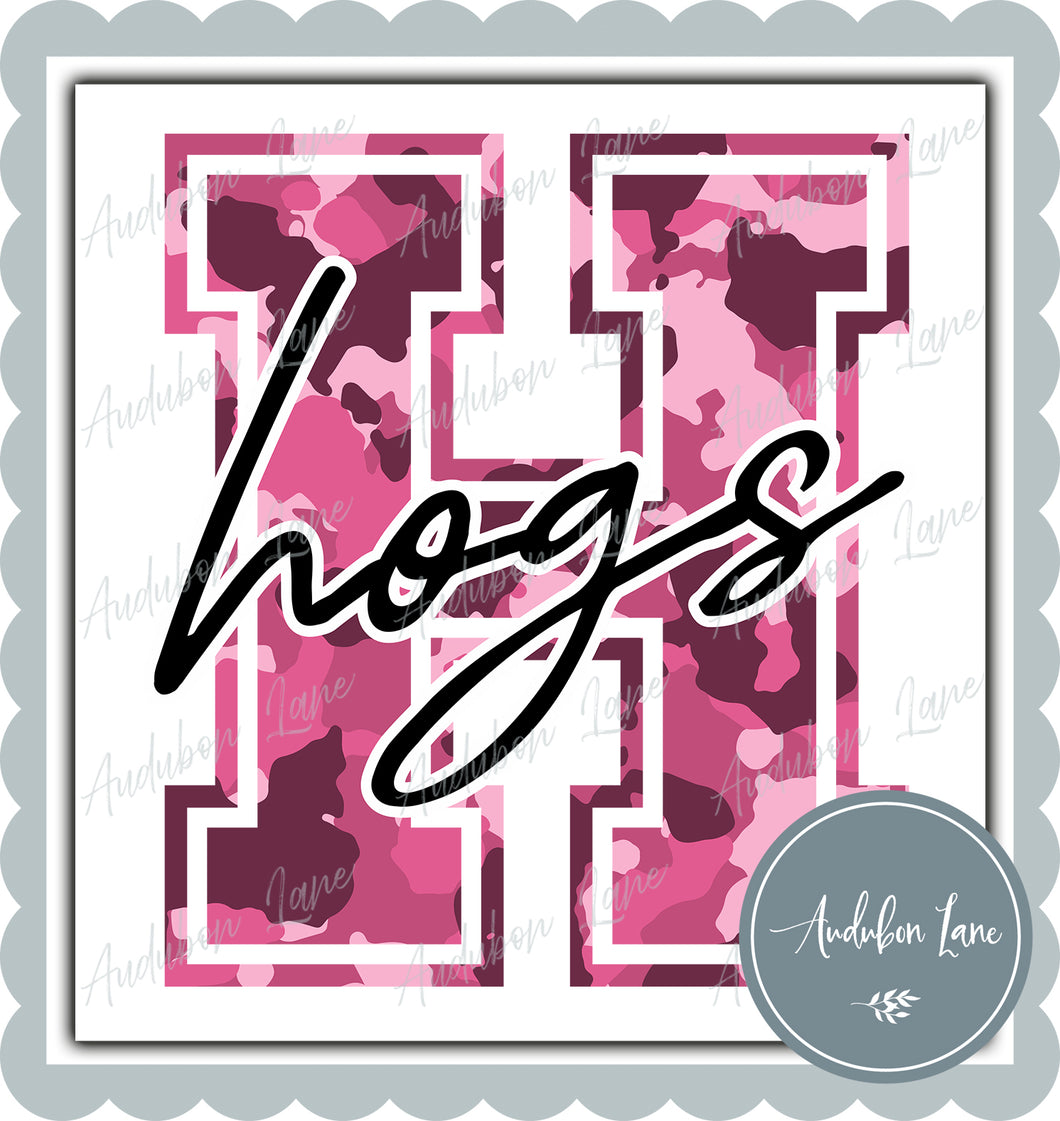 Hogs Breast Cancer Awareness Pink Camo Mascot Letter Ready to Press DTF Transfer Customs Available On Request