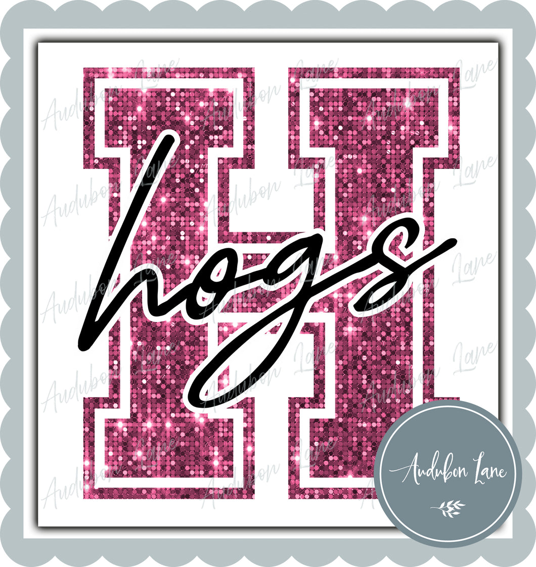 Hogs Breast Cancer Awareness Faux Pink Sequin Mascot Letter Ready to Press DTF Transfer Customs Available On Request
