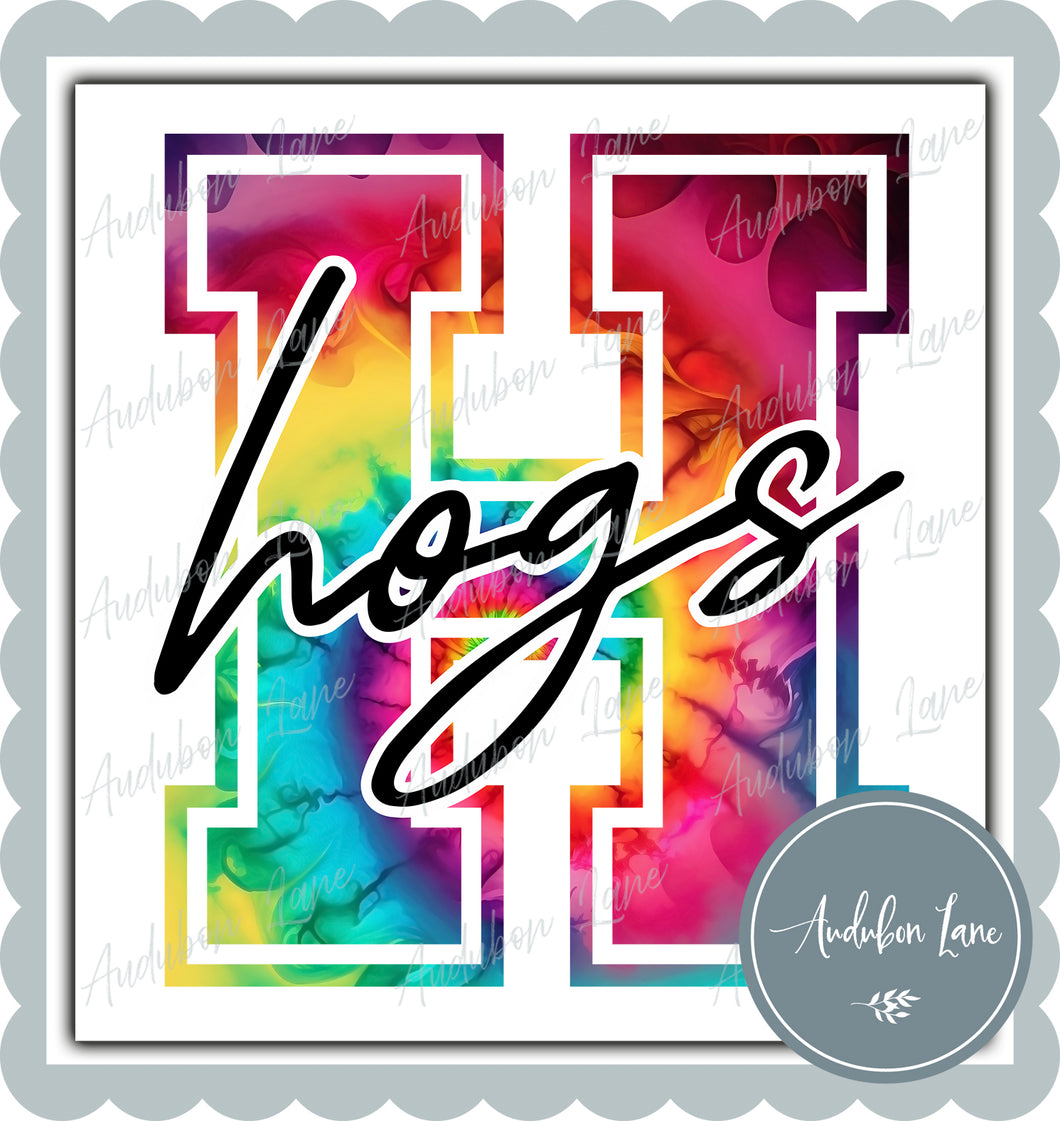 Hogs Rainbow Tie Dye Mascot Letter Ready to Press DTF Transfer Customs Available On Request